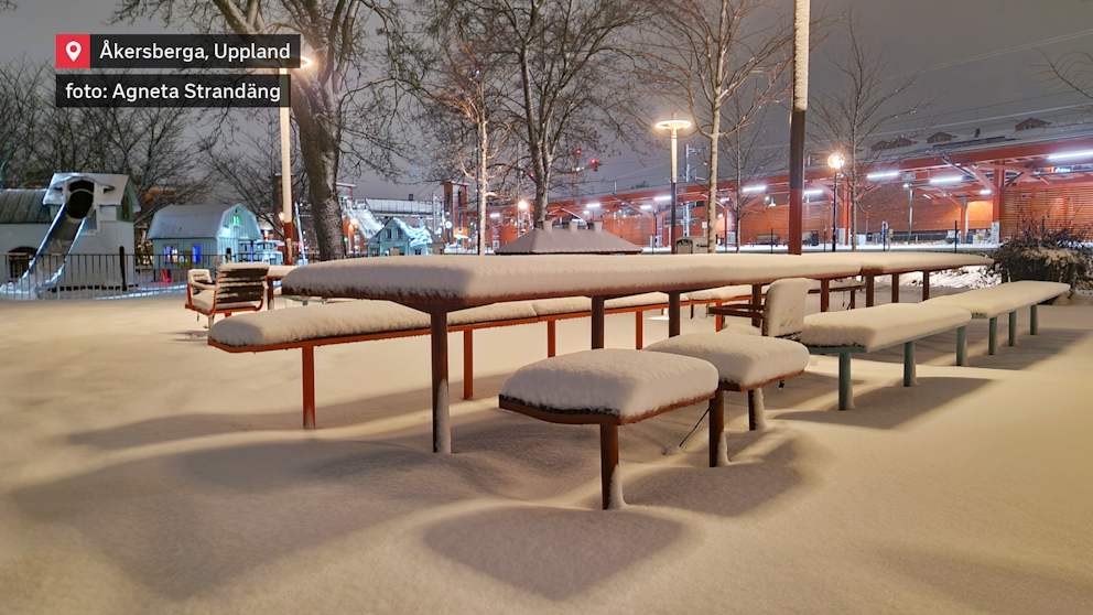 Bild på bänkar med ett tjockt snötäcke. 