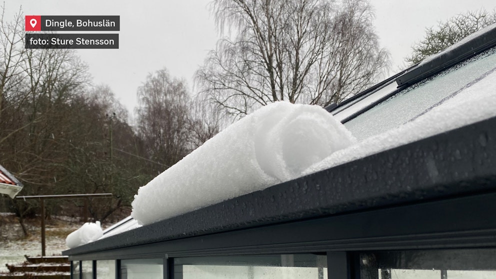 Rullad snö ligger på ett glastak i ett regnigt vinterlandskap i Dingle, Bohuslän.