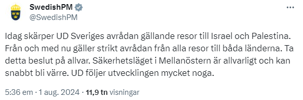 Skärmdump från statsminister Ulf Kristerssons (M) konto på X. 