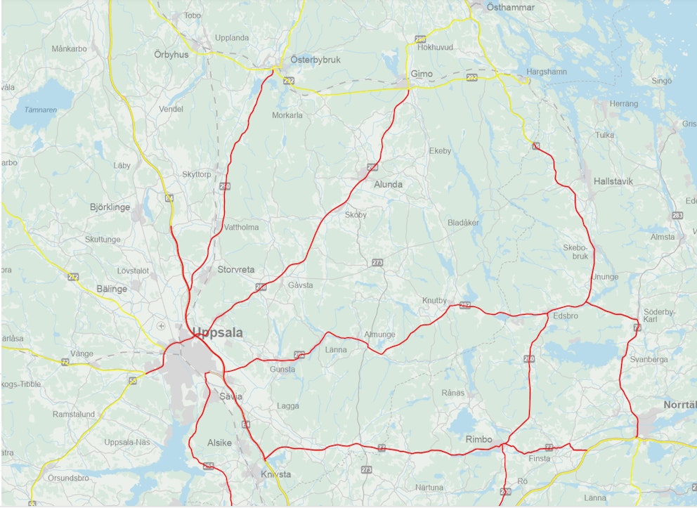 karta över vissa vägar i Uppsala län