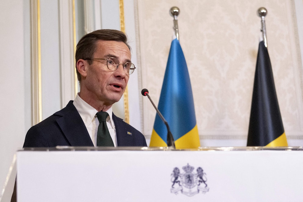 Statsminister Ulf Kristersson under pressträffen. Foto: Matim Kaghat/AFP/TT
