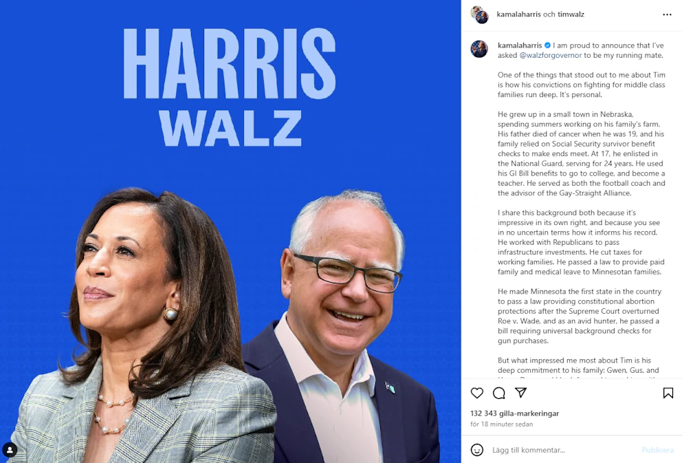 Harris bekräftar valet av Walz på Instagram – USA-val 2024 – följ ...