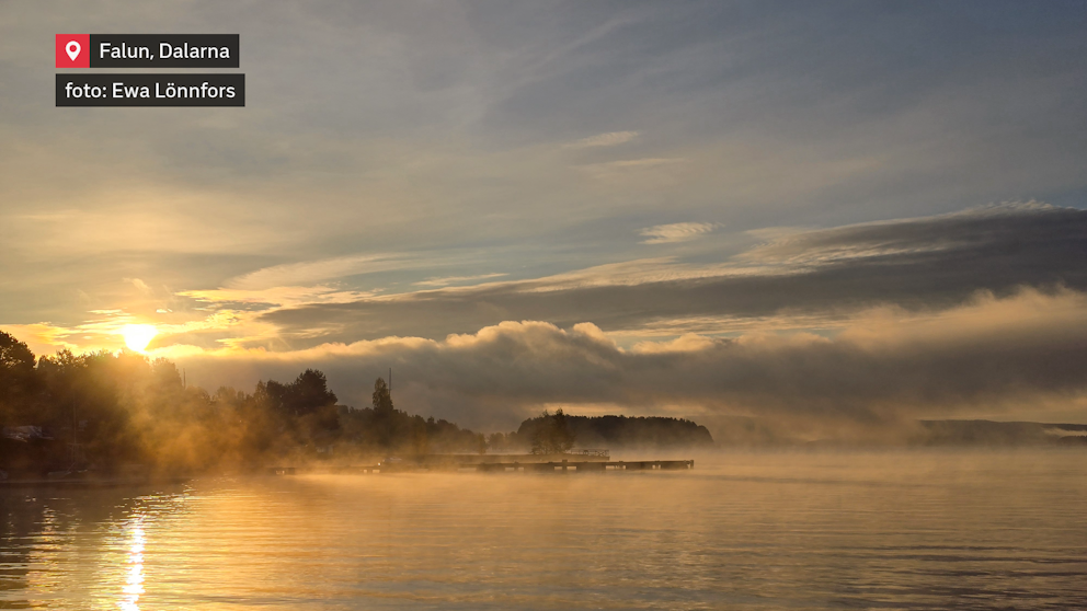 Rykande sjö i morgonljus.