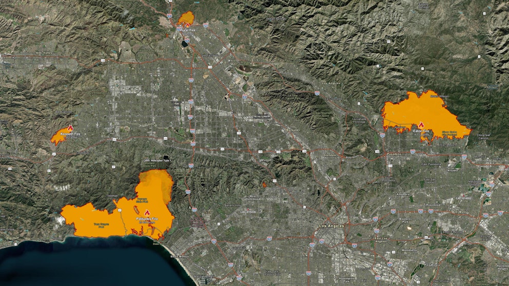 Karta över bränderna i Los Angeles.