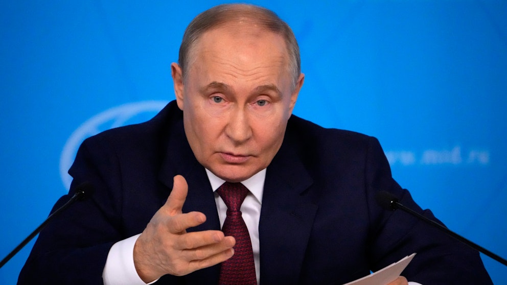 Rysslands president Vladimir Putin under ett tal vid det ryska utrikesdepartementet i Moskva.
