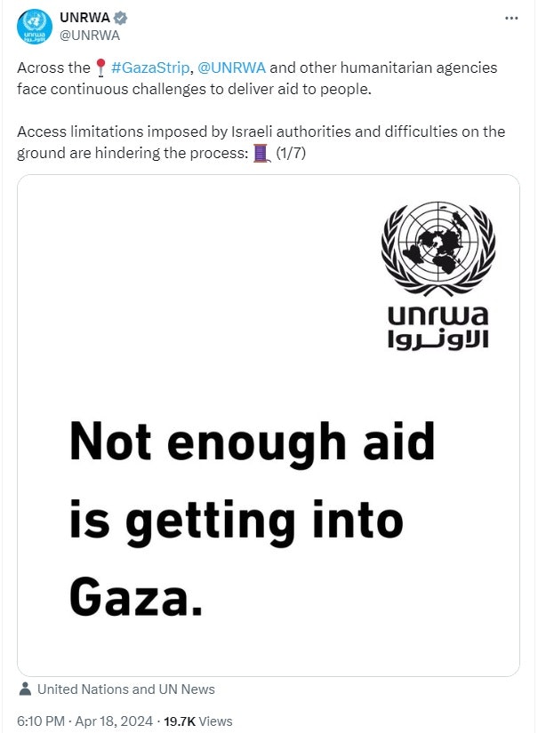 UNRWA skriver på X att det fortfarande är svårt att leverera hjälp till Gaza.